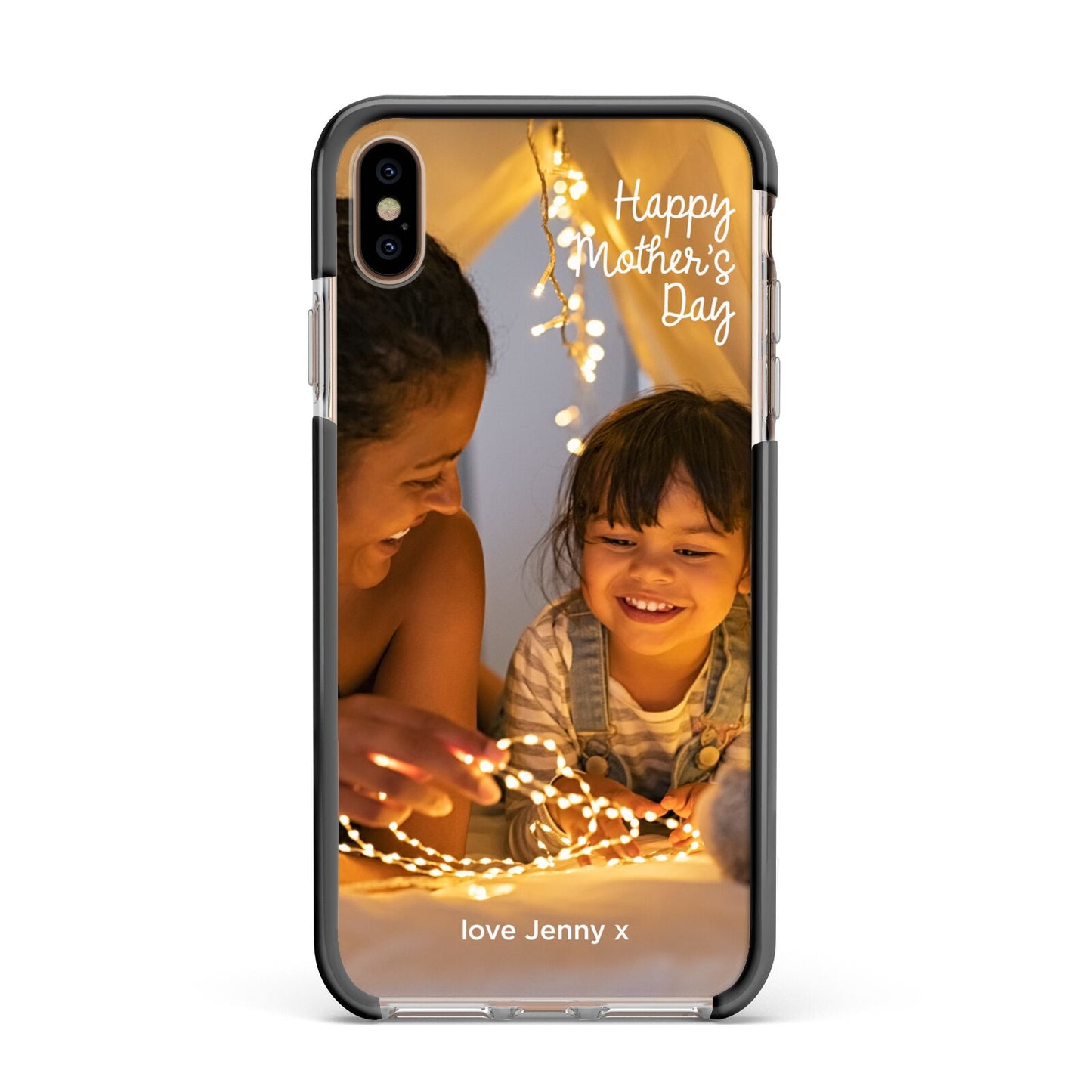 Large Mothers Day Photo with Name Apple iPhone Xs Max Impact Case Black Edge on Gold Phone
