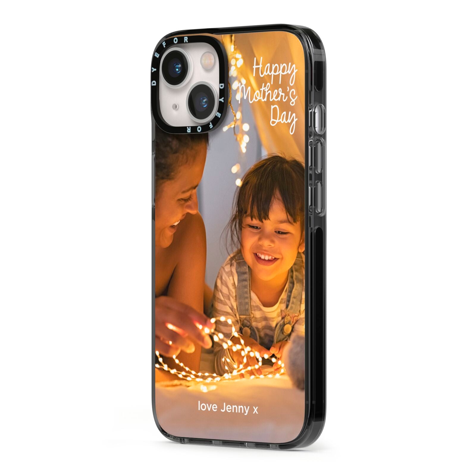 Large Mothers Day Photo with Name iPhone 13 Black Impact Case Side Angle on Silver phone