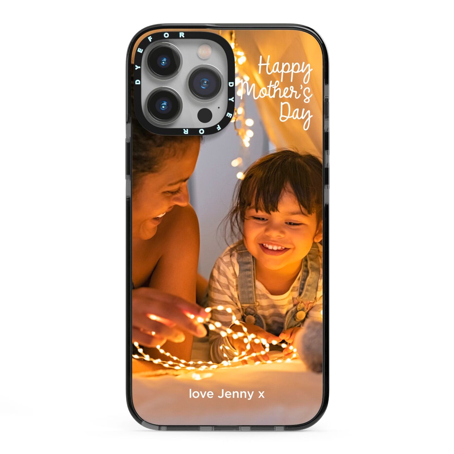 Large Mothers Day Photo with Name iPhone 13 Pro Max Black Impact Case on Silver phone