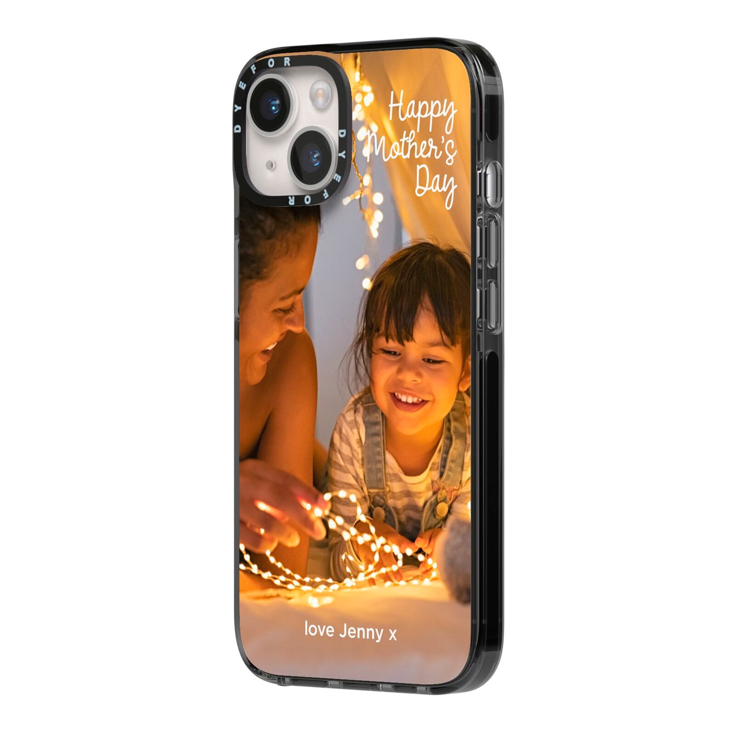 Large Mothers Day Photo with Name iPhone 14 Black Impact Case Side Angle on Silver phone