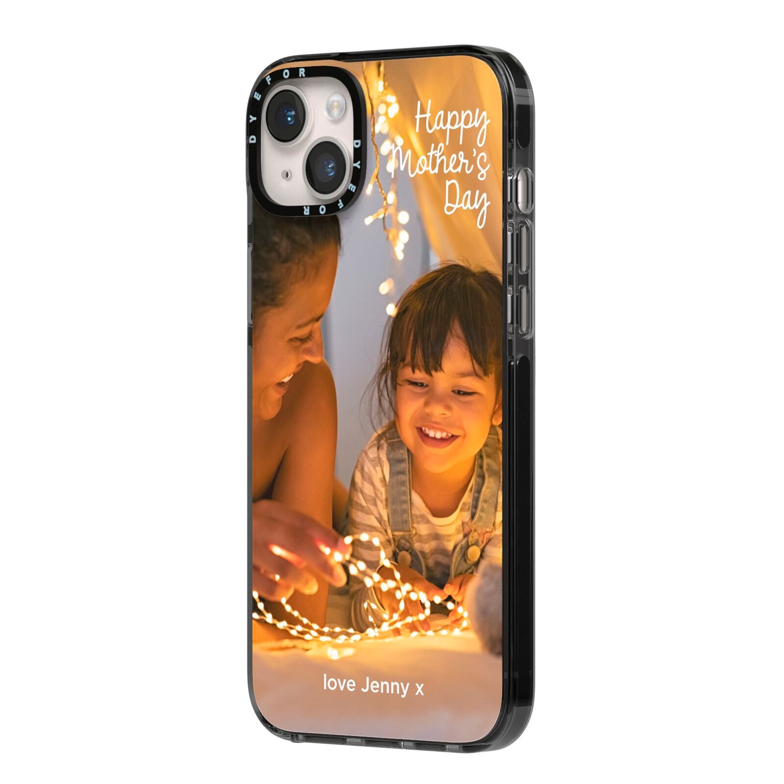 Large Mothers Day Photo with Name iPhone 14 Plus Black Impact Case Side Angle on Silver phone