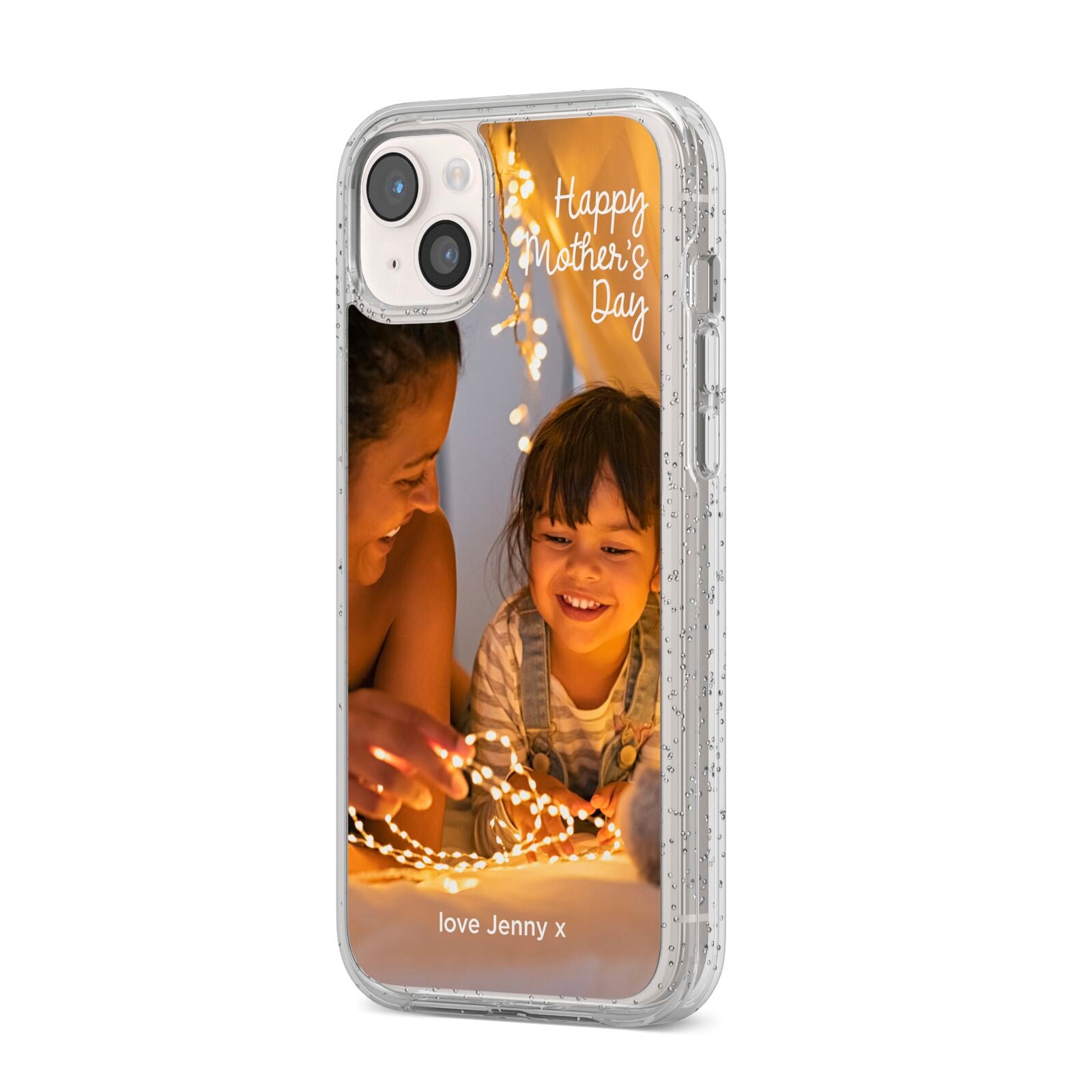 Large Mothers Day Photo with Name iPhone 14 Plus Glitter Tough Case Starlight Angled Image