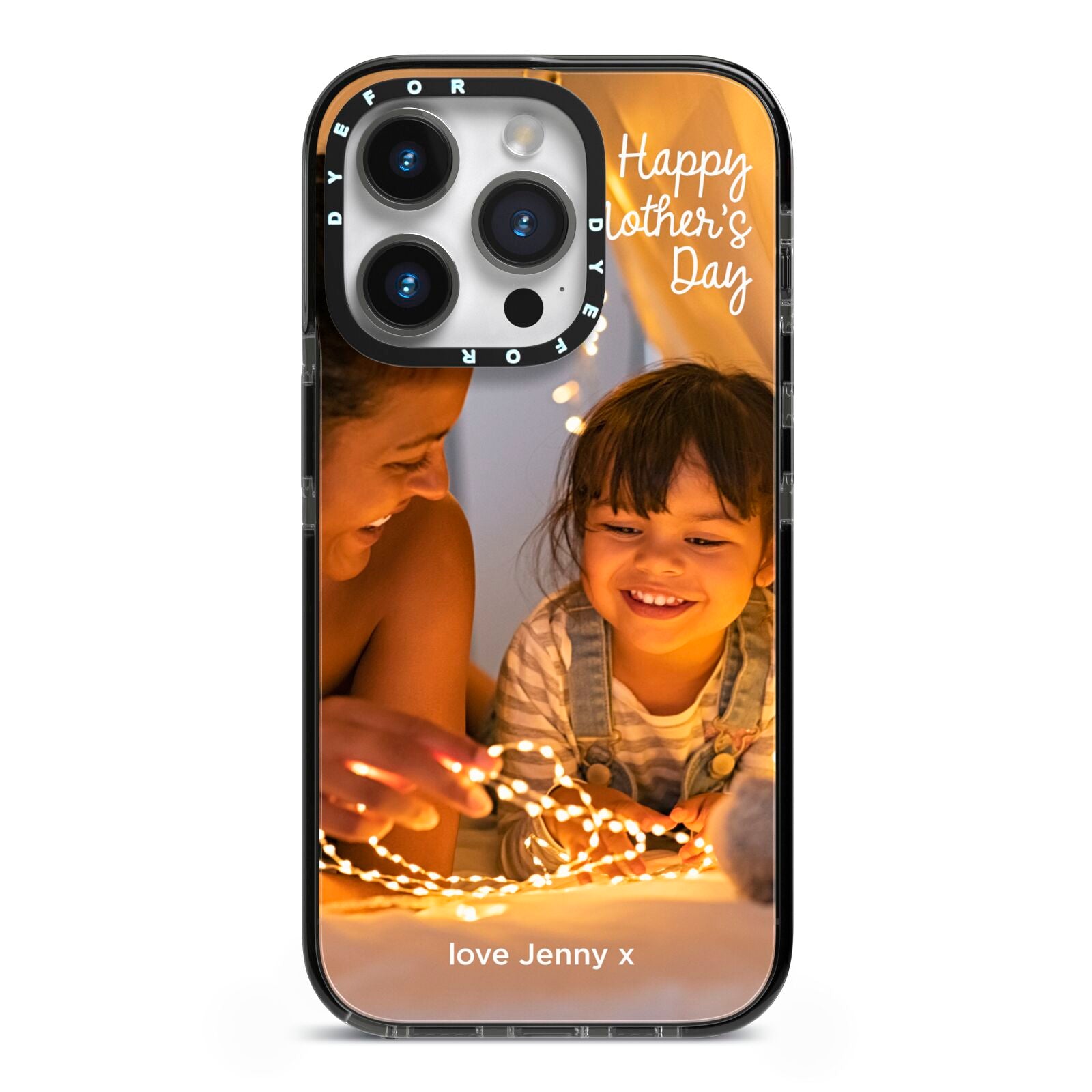 Large Mothers Day Photo with Name iPhone 14 Pro Black Impact Case on Silver phone