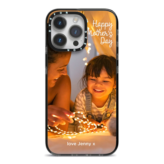 Large Mothers Day Photo with Name iPhone 14 Pro Max Black Impact Case on Silver phone