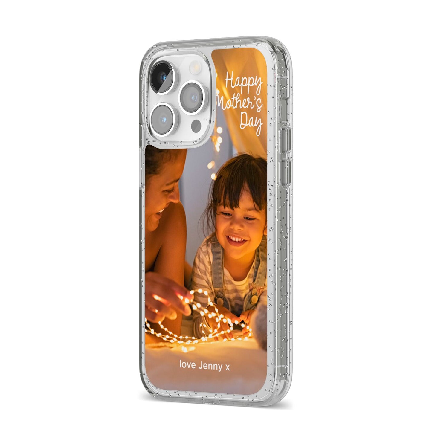 Large Mothers Day Photo with Name iPhone 14 Pro Max Glitter Tough Case Silver Angled Image
