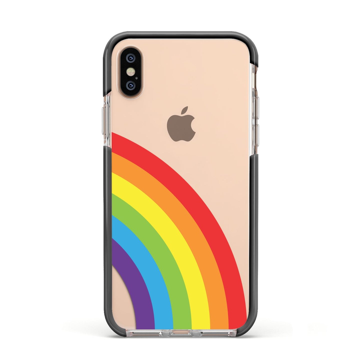 Large Rainbow Apple iPhone Xs Impact Case Black Edge on Gold Phone