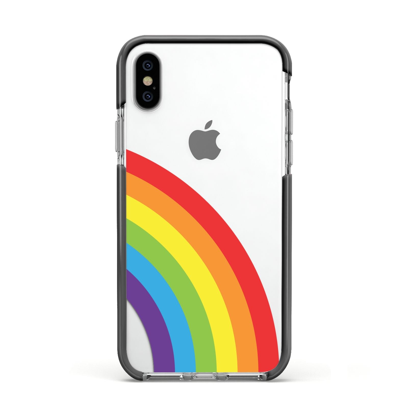 Large Rainbow Apple iPhone Xs Impact Case Black Edge on Silver Phone