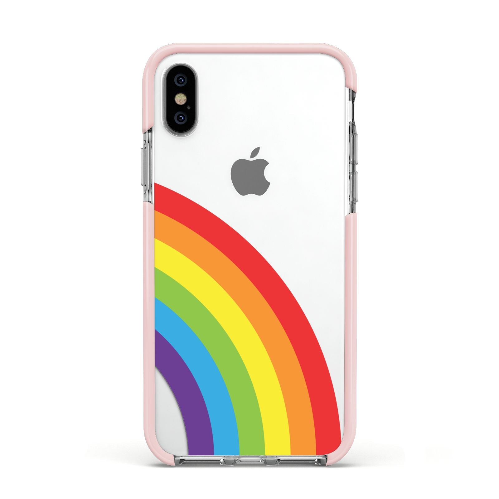 Large Rainbow Apple iPhone Xs Impact Case Pink Edge on Silver Phone