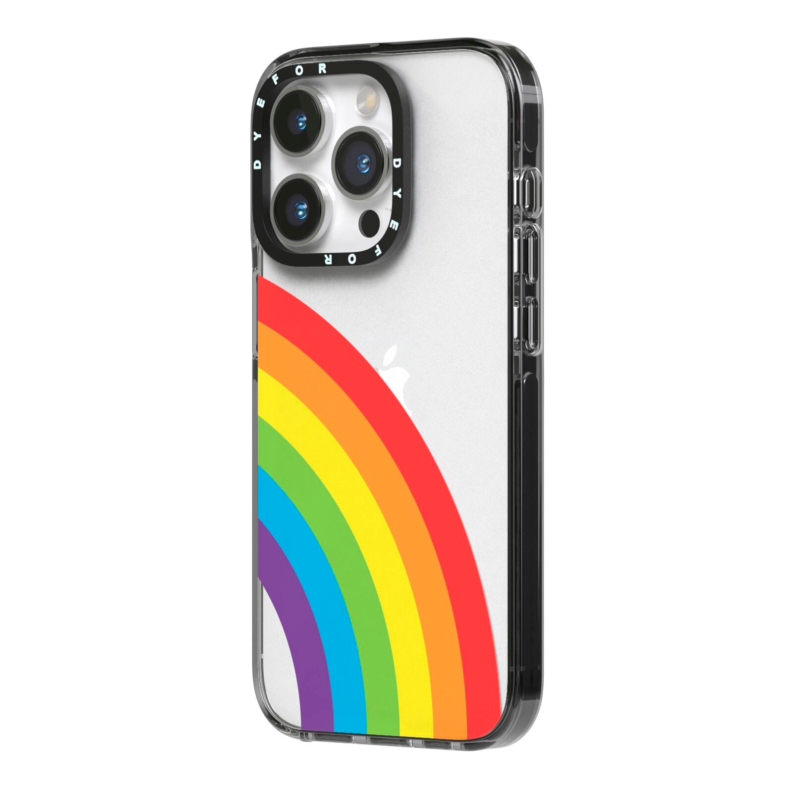 Large Rainbow iPhone 14 Pro Black Impact Case Side Angle on Silver phone