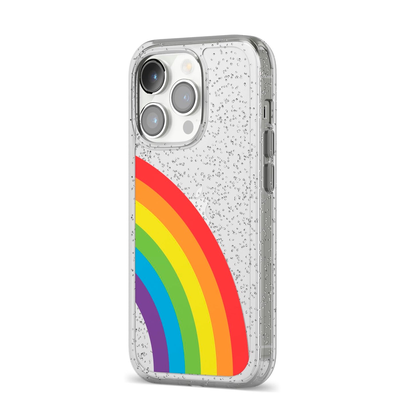 Large Rainbow iPhone 14 Pro Glitter Tough Case Silver Angled Image