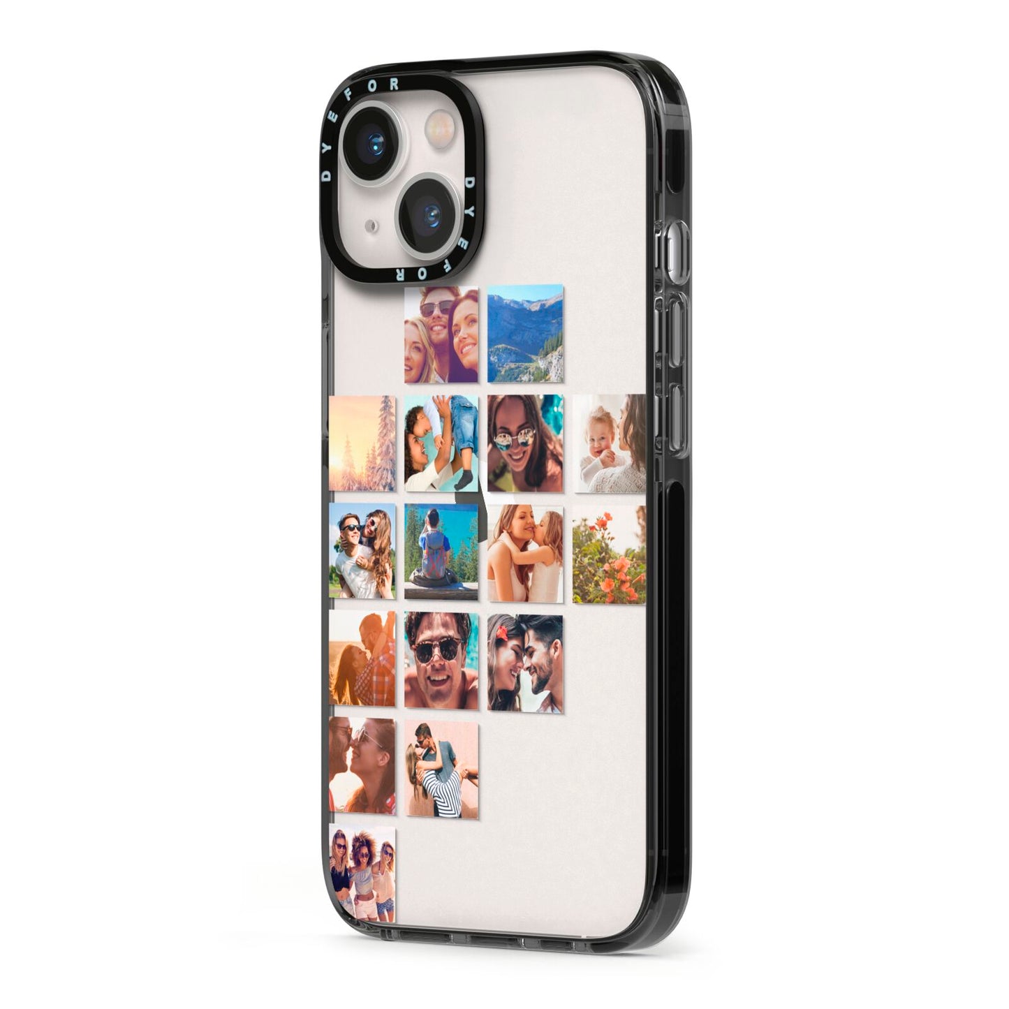 Left Diagonal Photo Montage Upload iPhone 13 Black Impact Case Side Angle on Silver phone