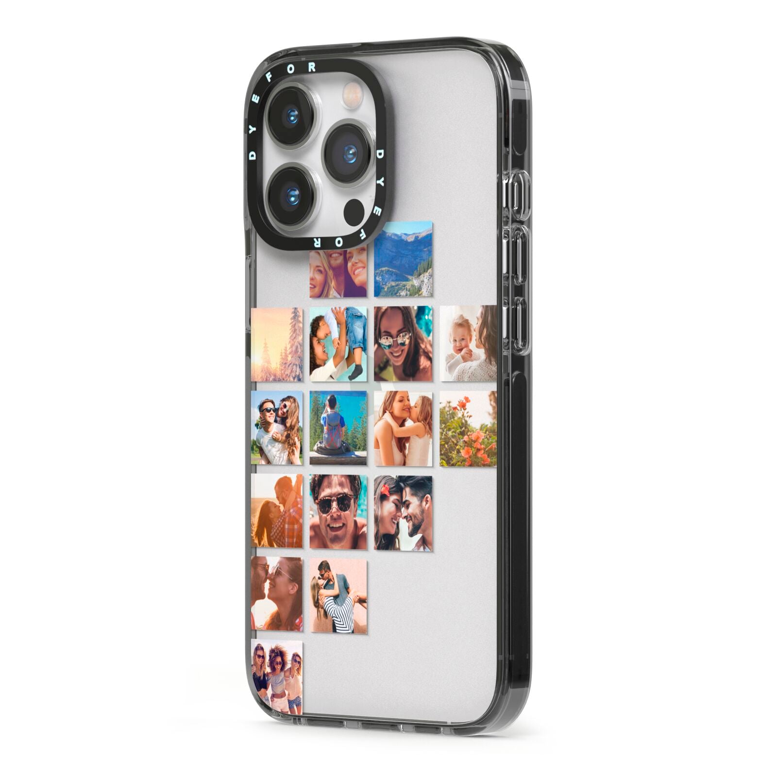 Left Diagonal Photo Montage Upload iPhone 13 Pro Black Impact Case Side Angle on Silver phone