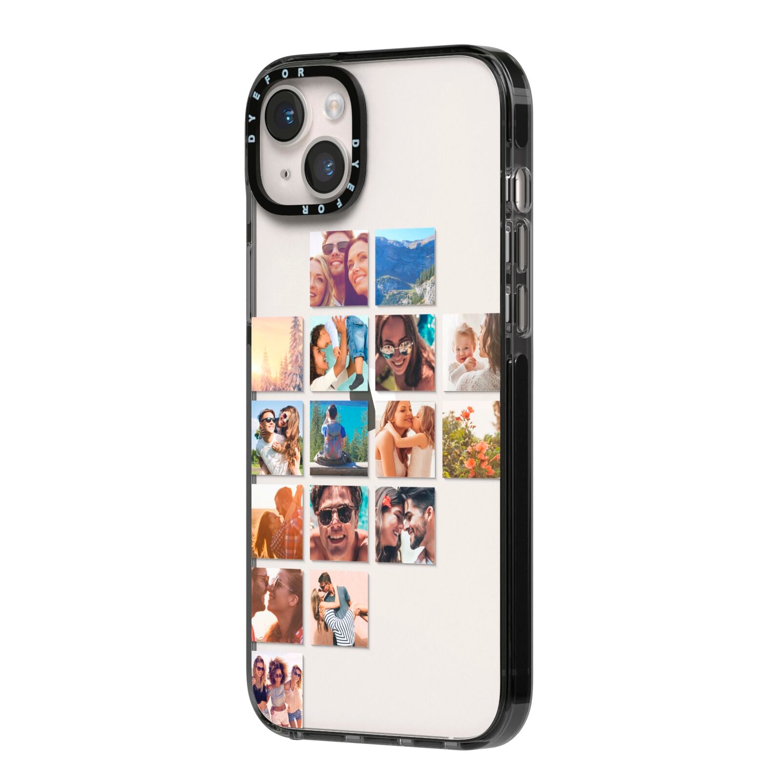 Left Diagonal Photo Montage Upload iPhone 14 Plus Black Impact Case Side Angle on Silver phone