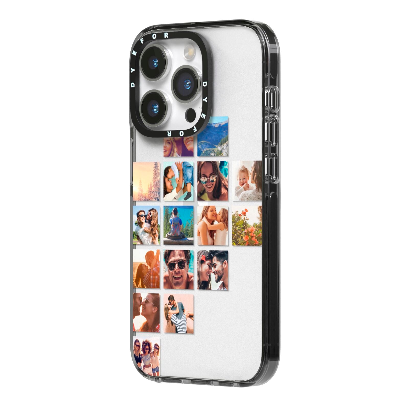 Left Diagonal Photo Montage Upload iPhone 14 Pro Black Impact Case Side Angle on Silver phone