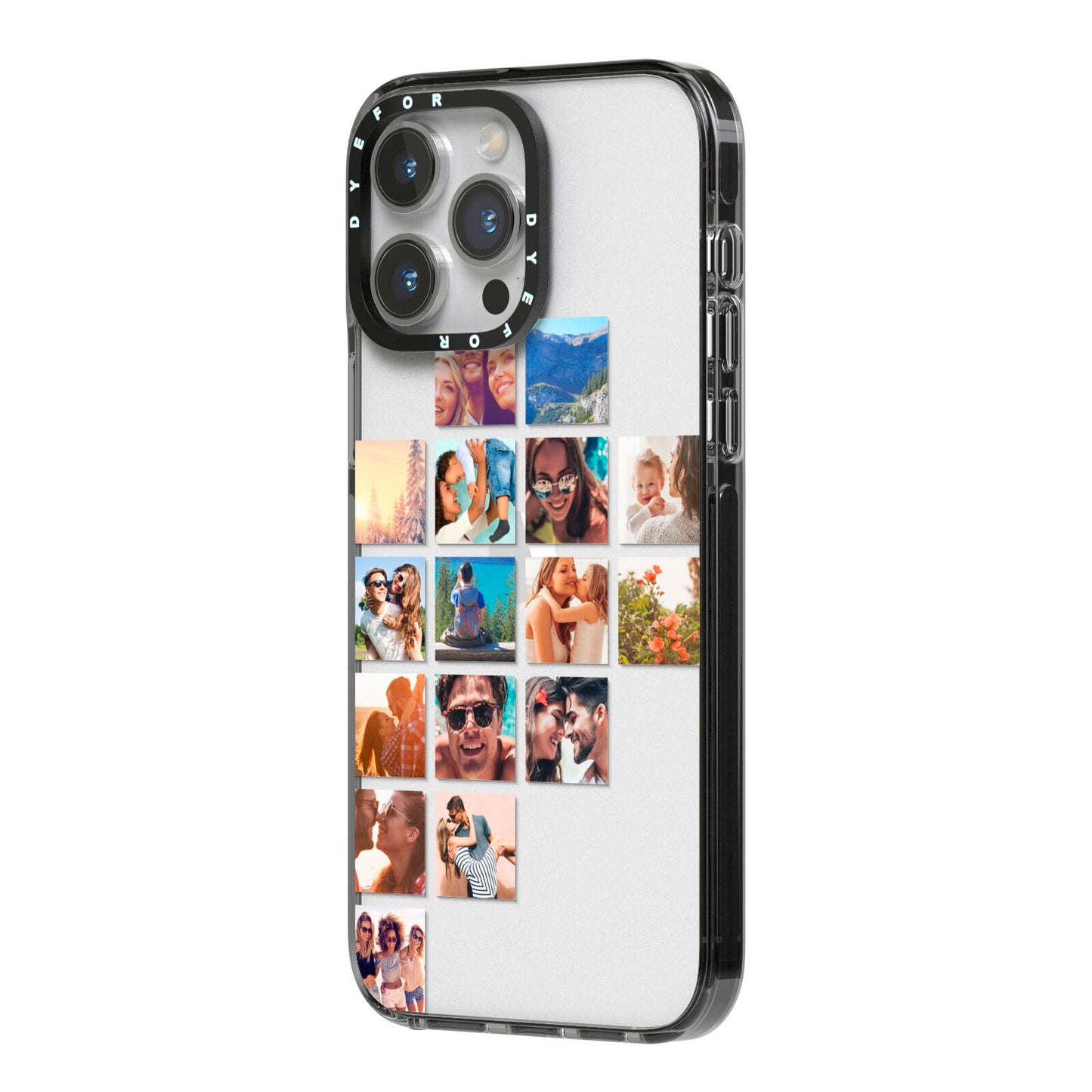 Left Diagonal Photo Montage Upload iPhone 14 Pro Max Black Impact Case Side Angle on Silver phone