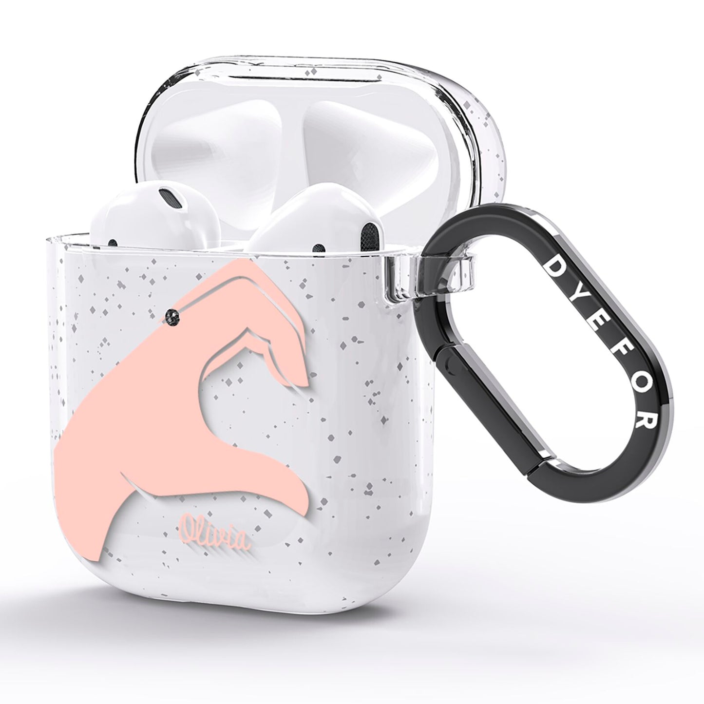Left Hand in Half Heart with Name AirPods Glitter Case Side Image