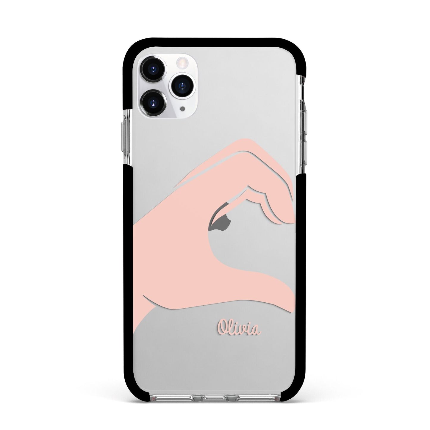 Left Hand in Half Heart with Name Apple iPhone 11 Pro Max in Silver with Black Impact Case