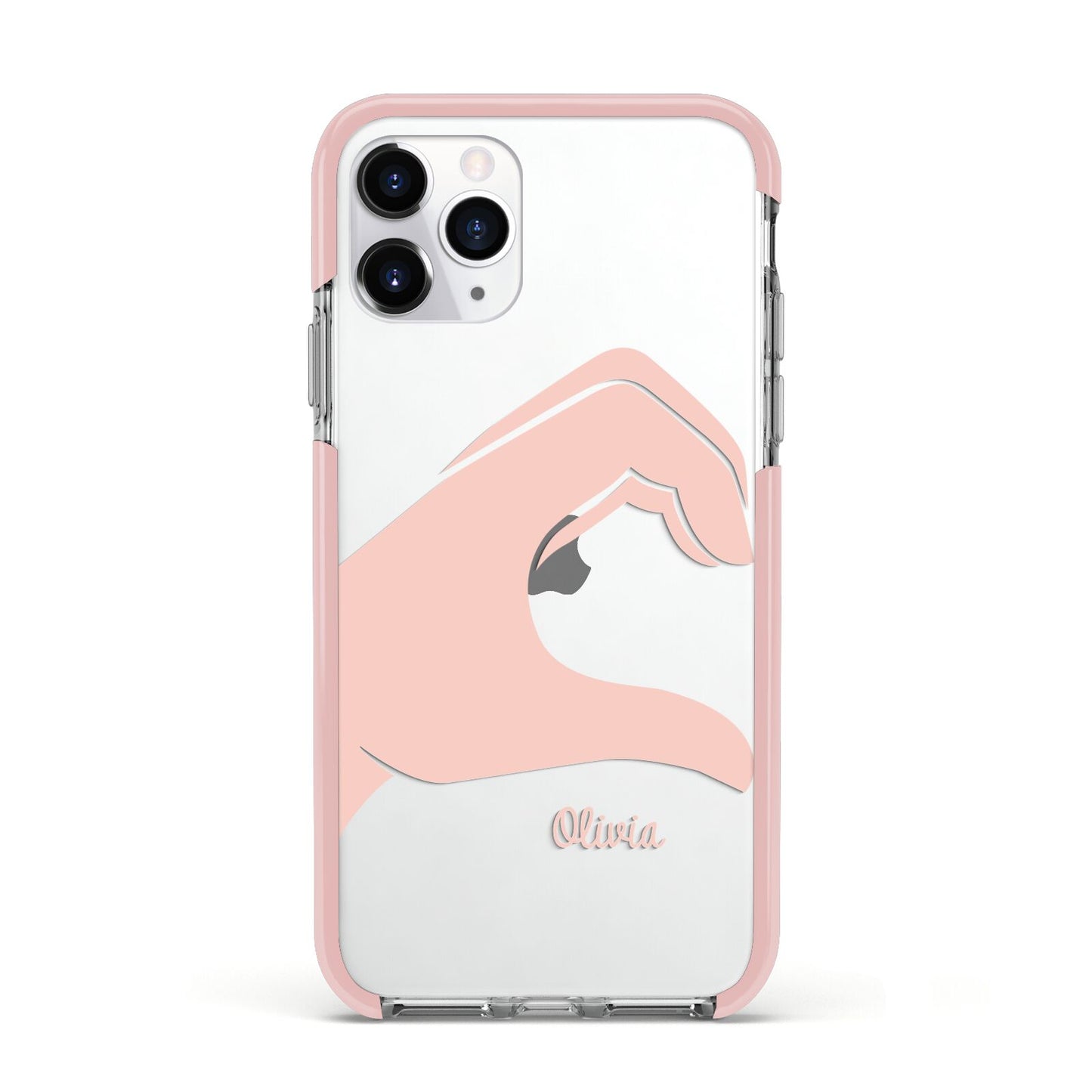 Left Hand in Half Heart with Name Apple iPhone 11 Pro in Silver with Pink Impact Case