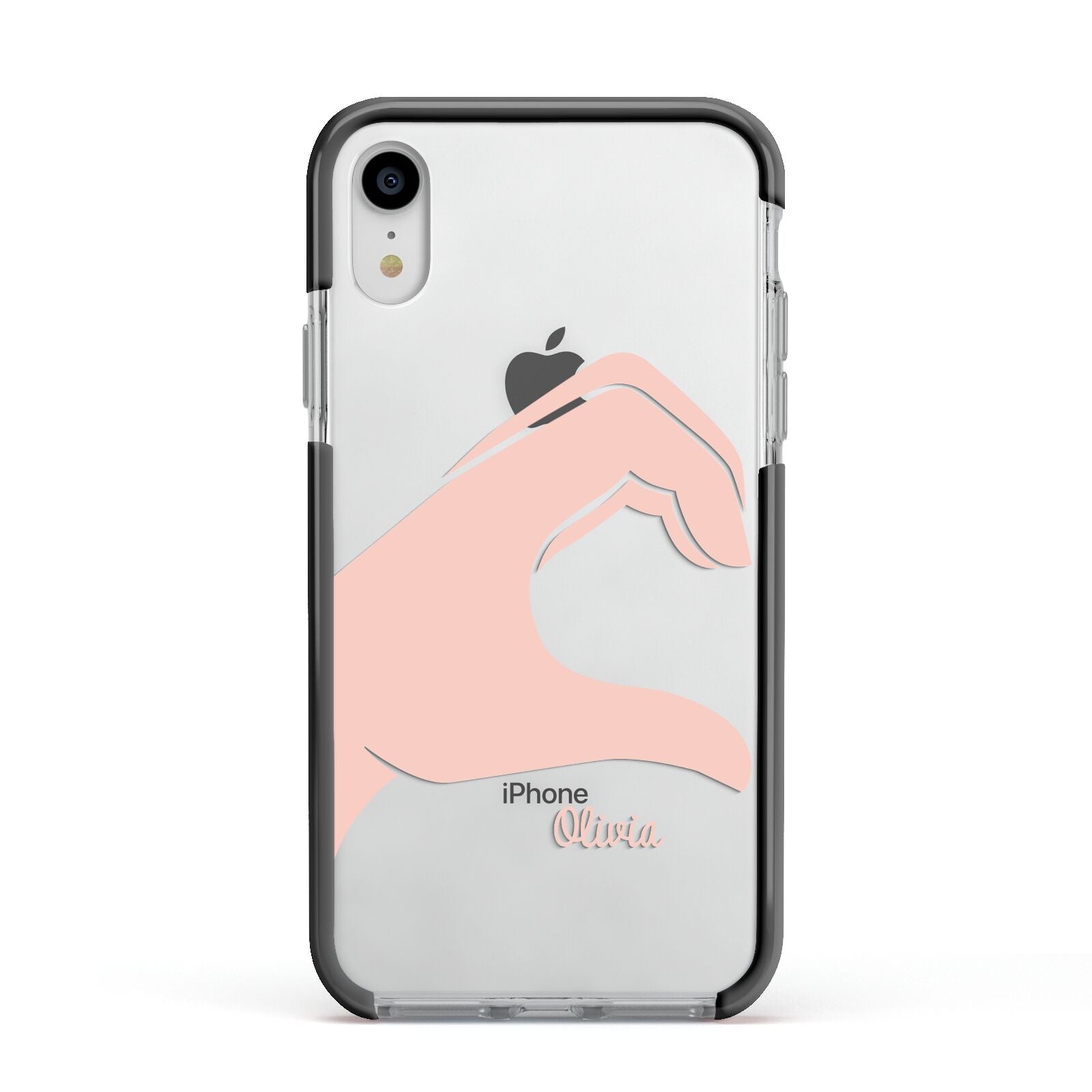 Left Hand in Half Heart with Name Apple iPhone XR Impact Case Black Edge on Silver Phone