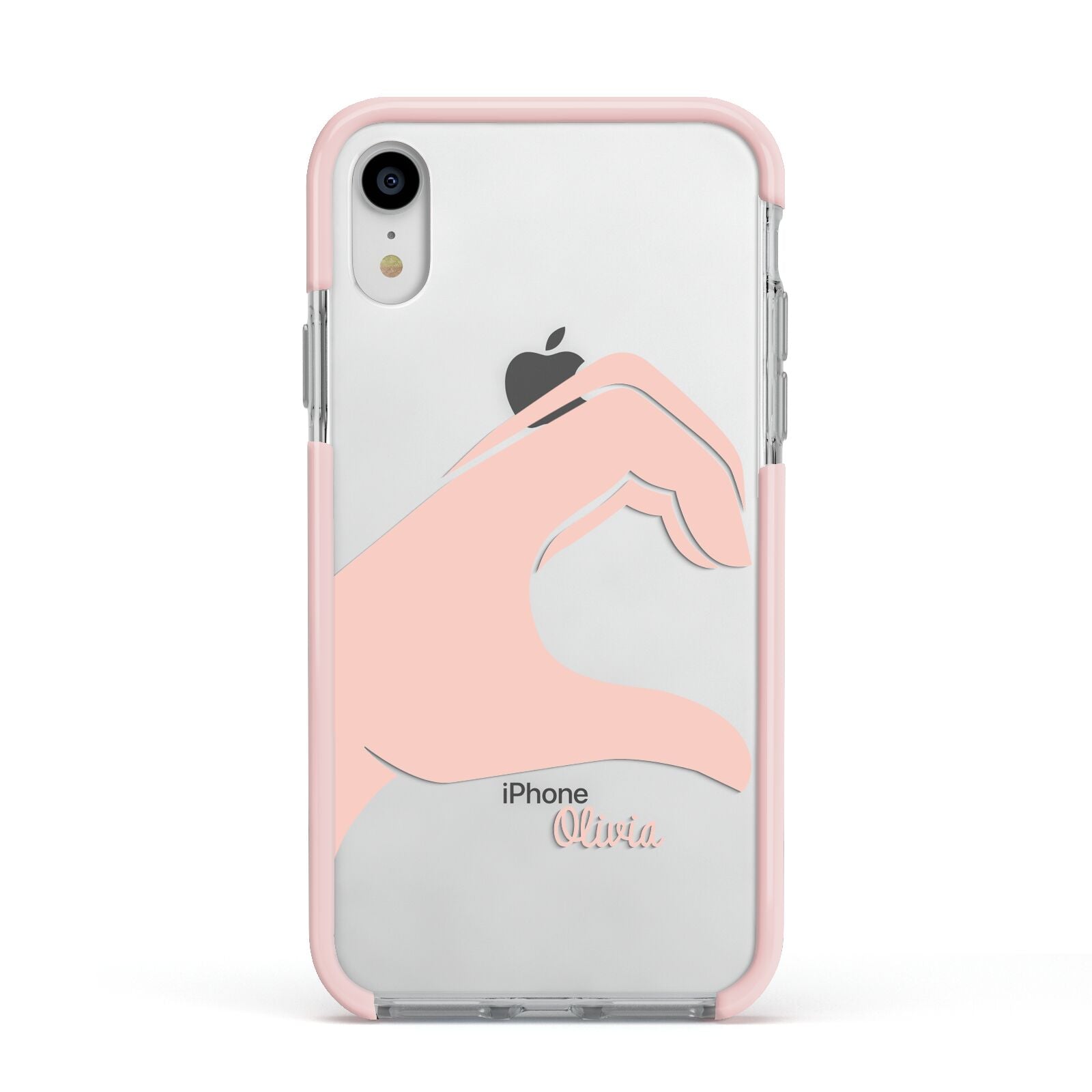 Left Hand in Half Heart with Name Apple iPhone XR Impact Case Pink Edge on Silver Phone