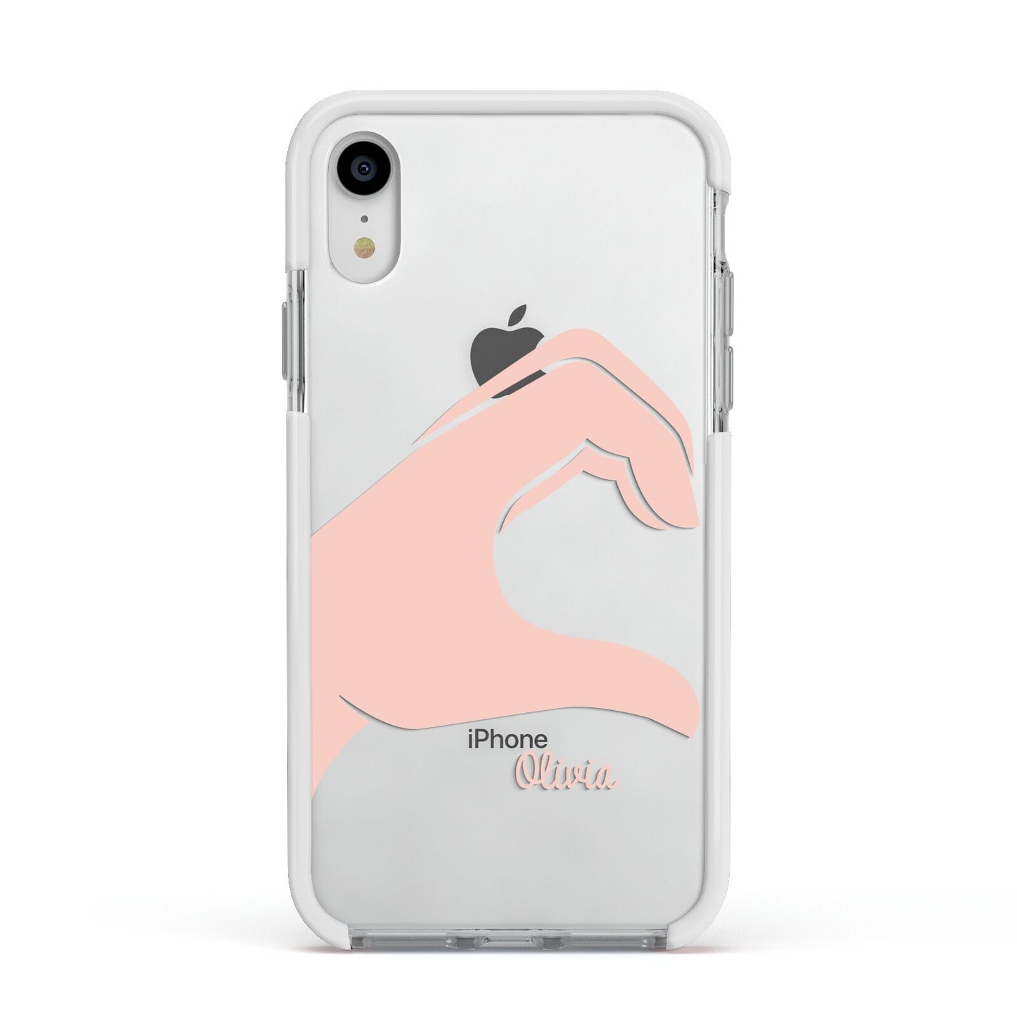 Left Hand in Half Heart with Name Apple iPhone XR Impact Case White Edge on Silver Phone