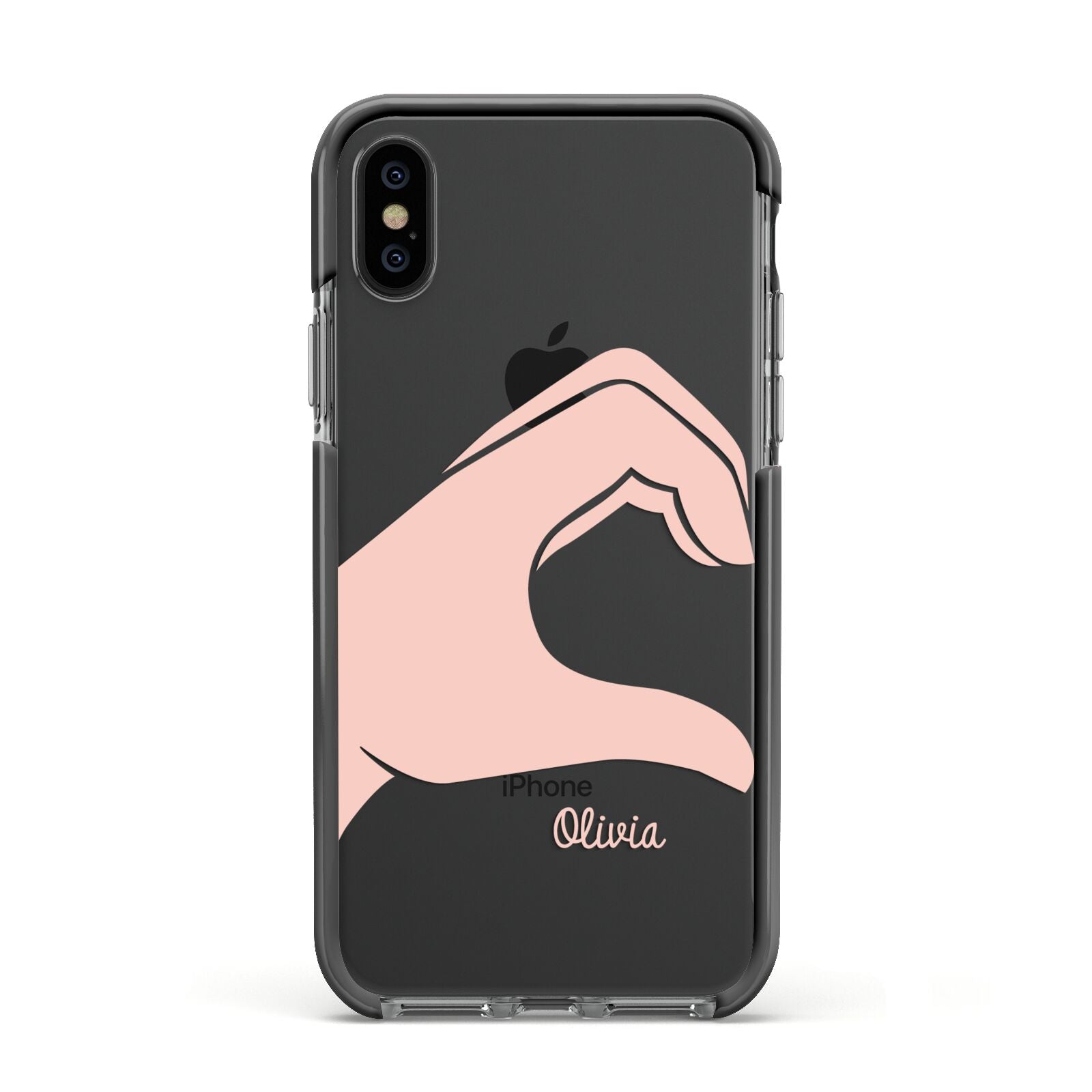 Left Hand in Half Heart with Name Apple iPhone Xs Impact Case Black Edge on Black Phone
