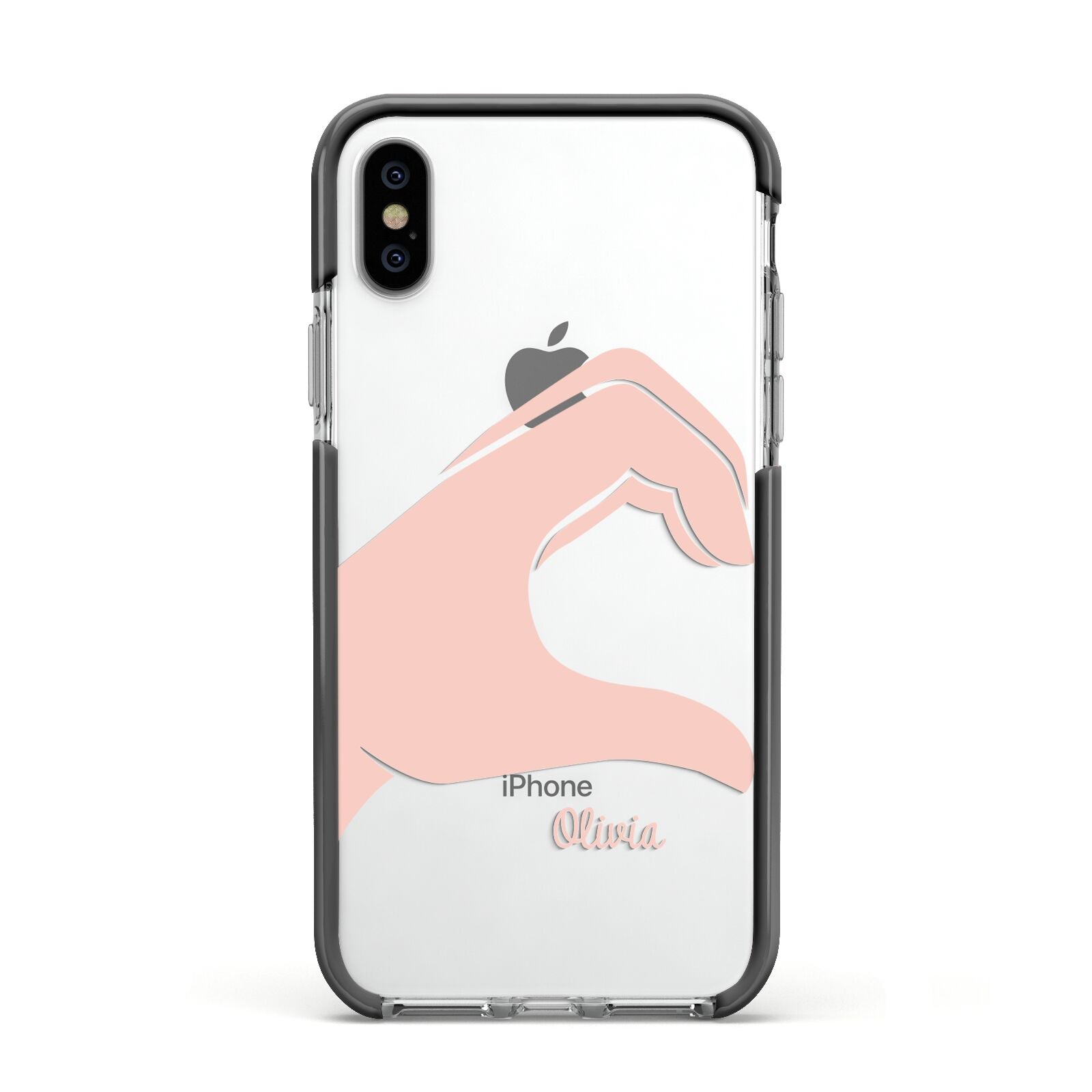 Left Hand in Half Heart with Name Apple iPhone Xs Impact Case Black Edge on Silver Phone