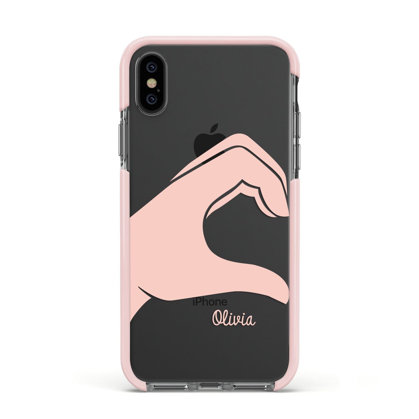 Left Hand in Half Heart with Name Apple iPhone Xs Impact Case Pink Edge on Black Phone