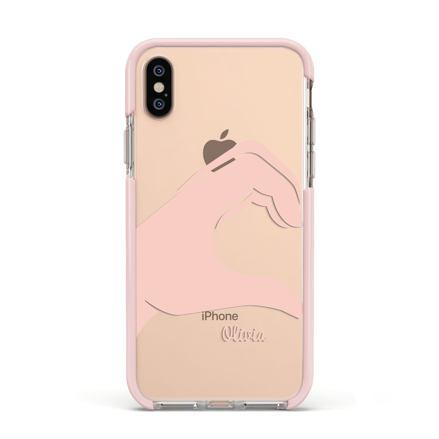 Left Hand in Half Heart with Name Apple iPhone Xs Impact Case Pink Edge on Gold Phone