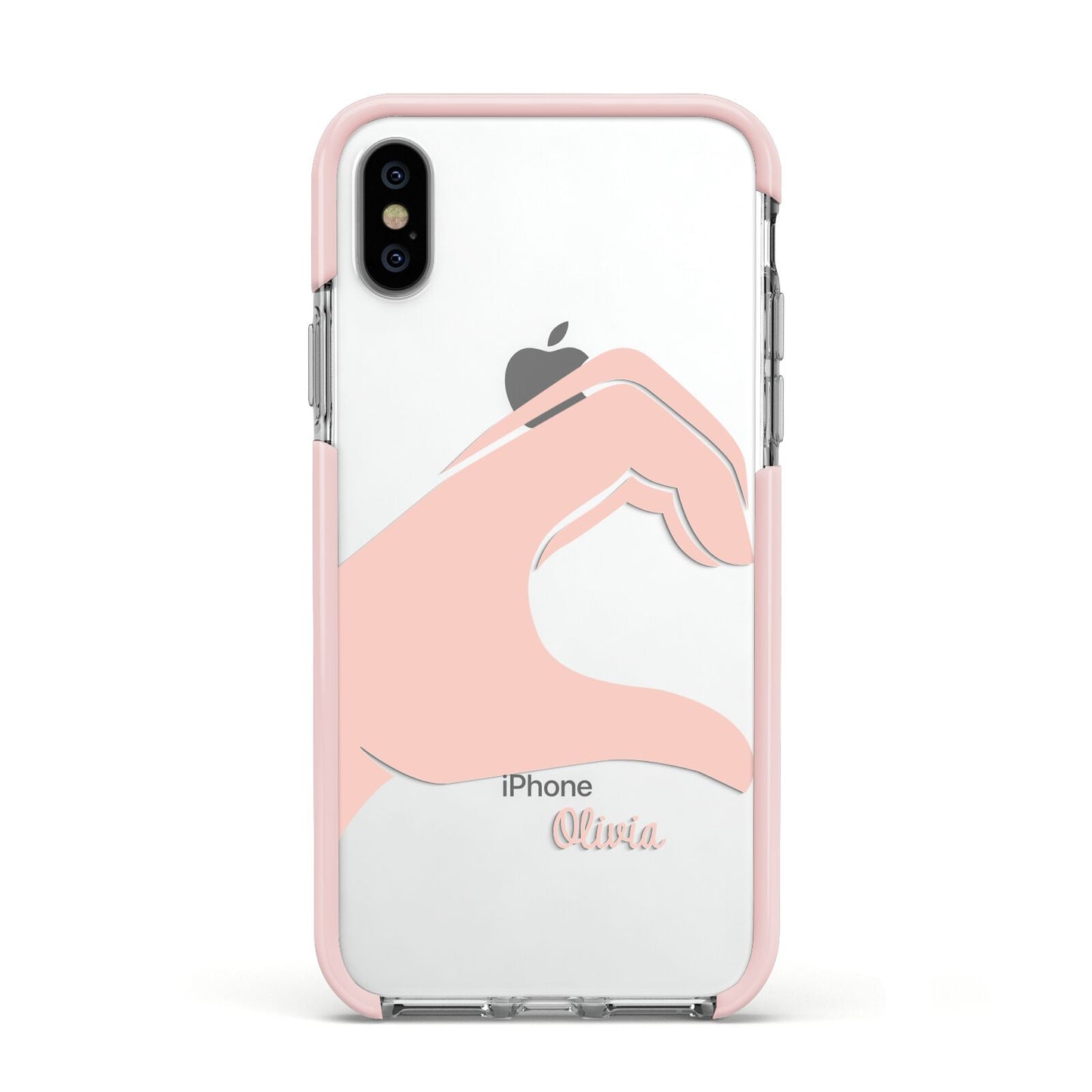 Left Hand in Half Heart with Name Apple iPhone Xs Impact Case Pink Edge on Silver Phone