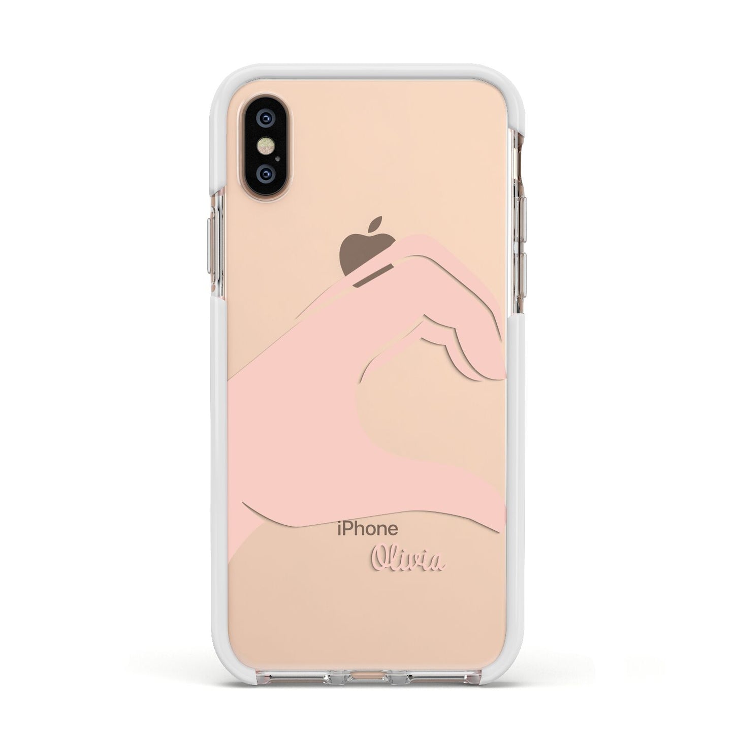 Left Hand in Half Heart with Name Apple iPhone Xs Impact Case White Edge on Gold Phone