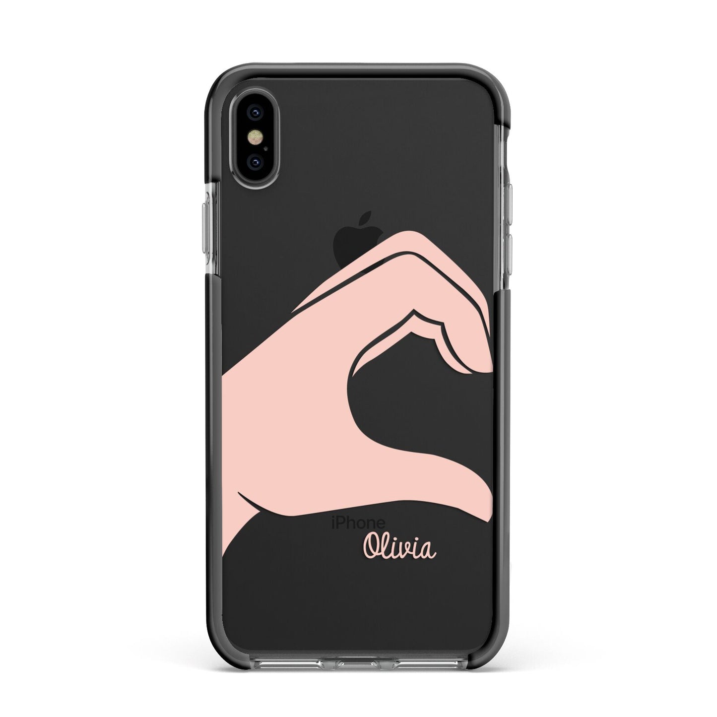 Left Hand in Half Heart with Name Apple iPhone Xs Max Impact Case Black Edge on Black Phone