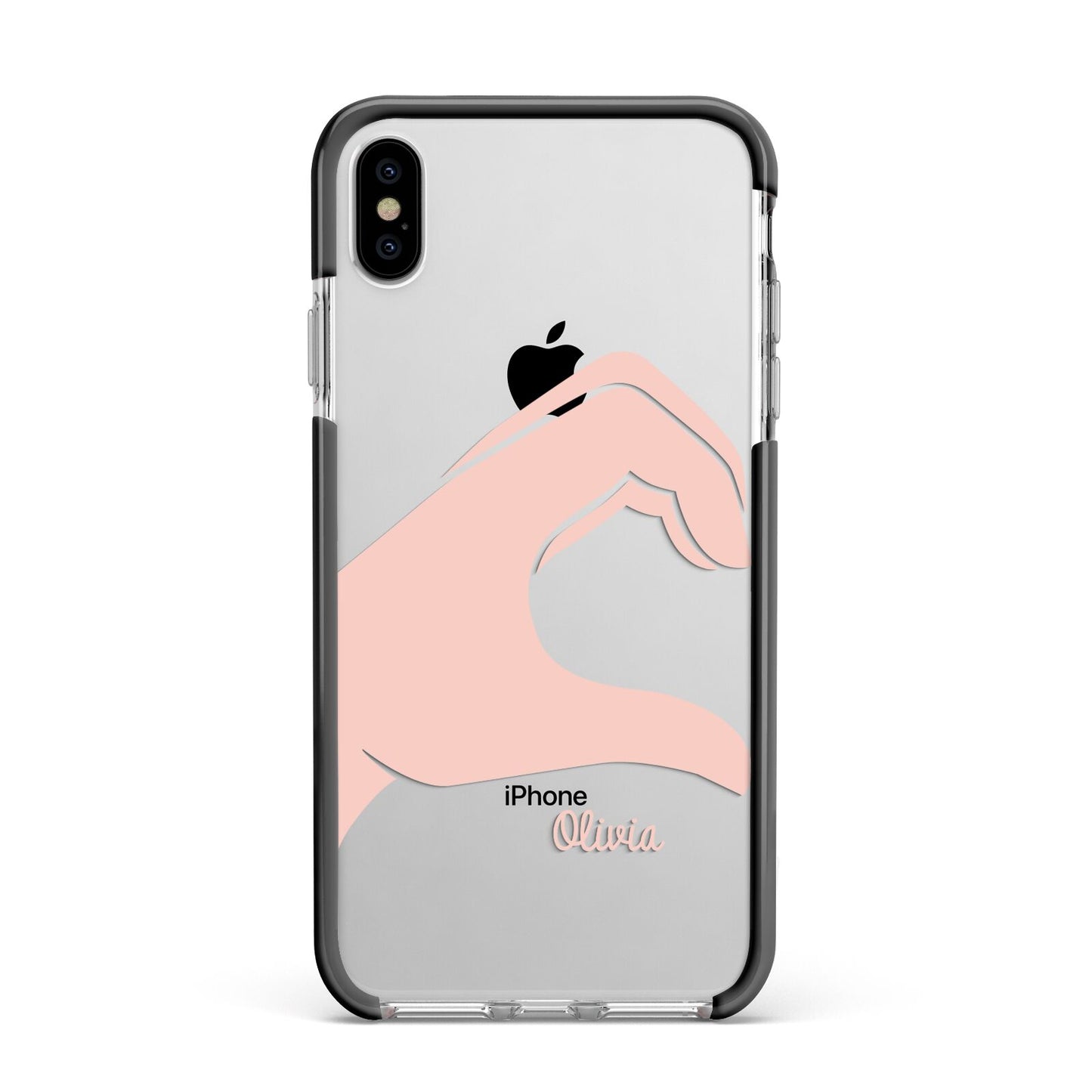 Left Hand in Half Heart with Name Apple iPhone Xs Max Impact Case Black Edge on Silver Phone