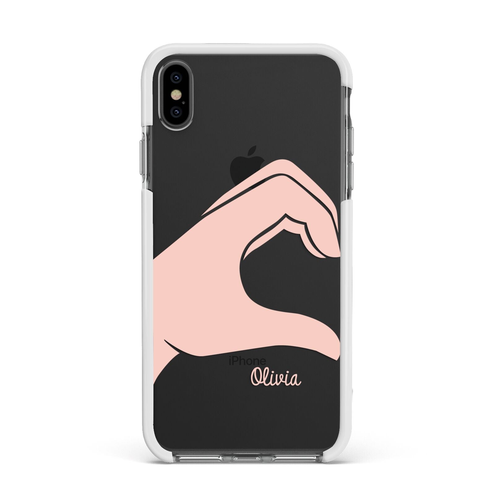 Left Hand in Half Heart with Name Apple iPhone Xs Max Impact Case White Edge on Black Phone
