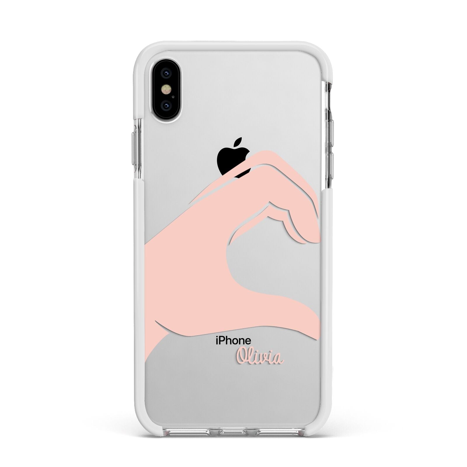 Left Hand in Half Heart with Name Apple iPhone Xs Max Impact Case White Edge on Silver Phone