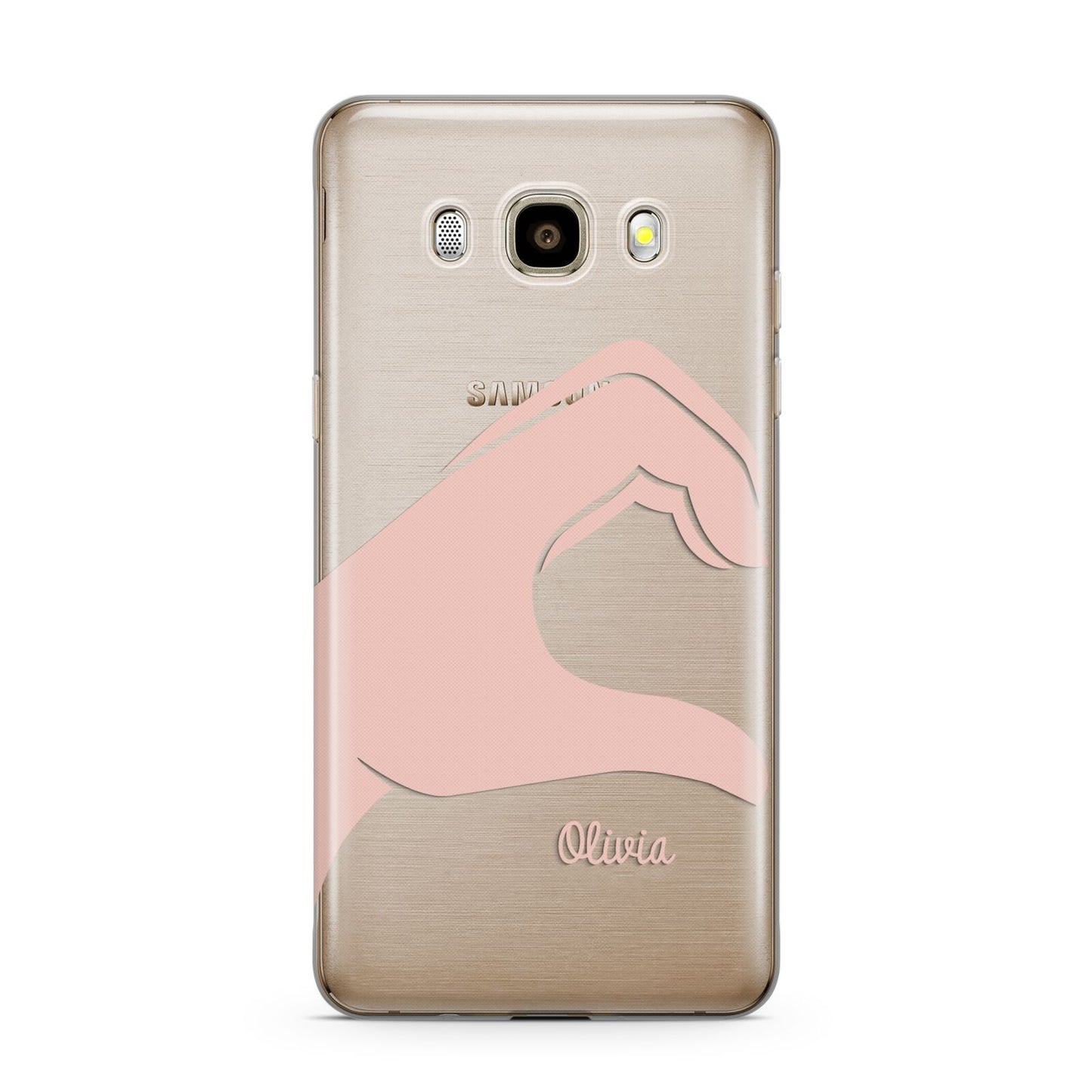 Left Hand in Half Heart with Name Samsung Galaxy J7 2016 Case on gold phone