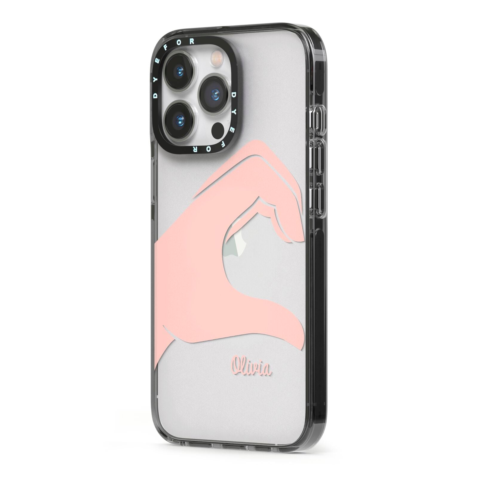 Left Hand in Half Heart with Name iPhone 13 Pro Black Impact Case Side Angle on Silver phone