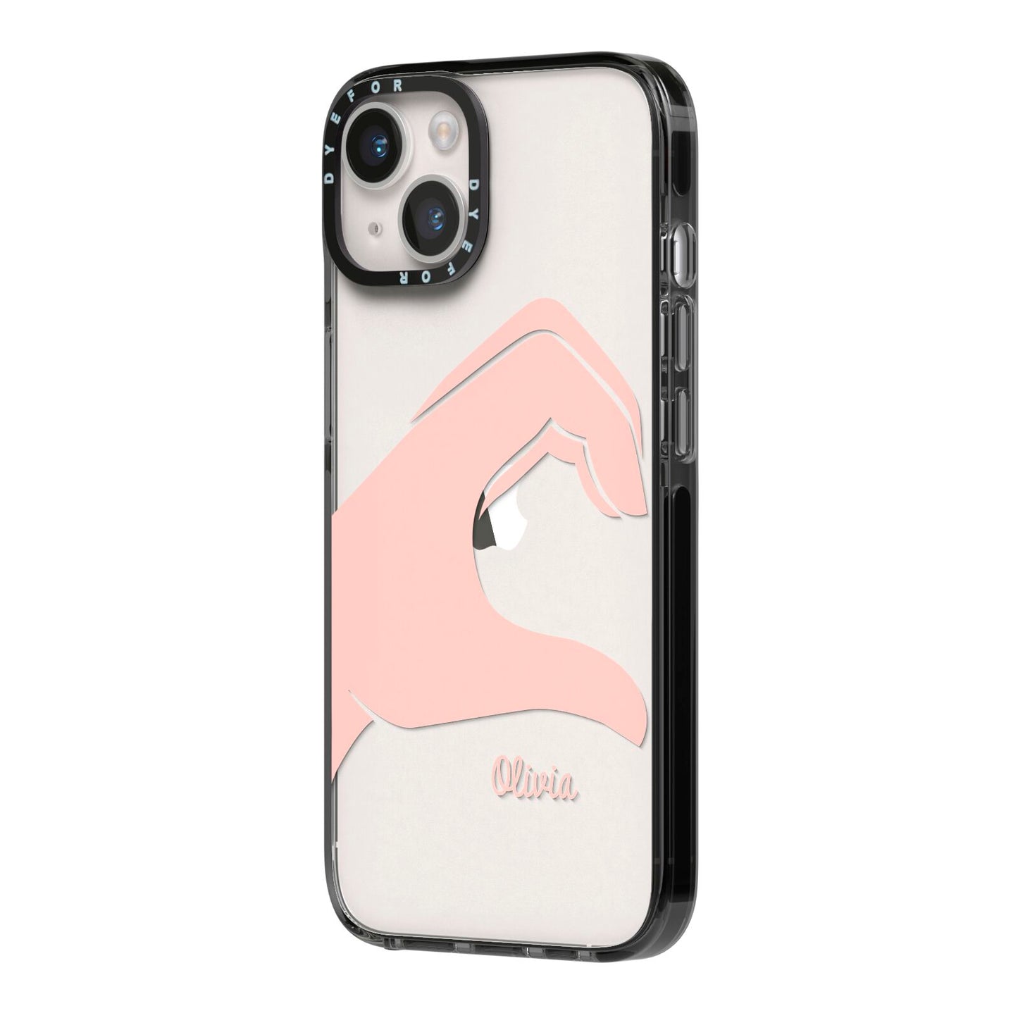 Left Hand in Half Heart with Name iPhone 14 Black Impact Case Side Angle on Silver phone