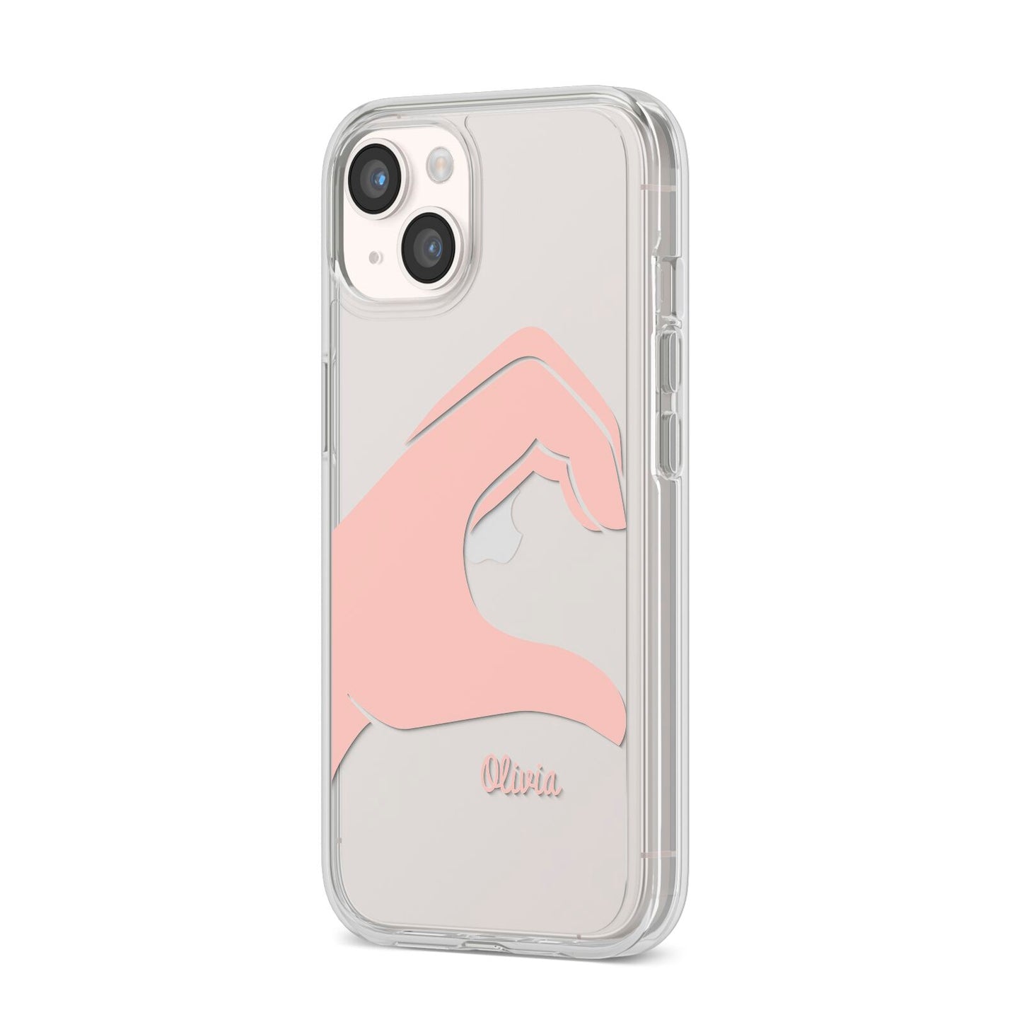 Left Hand in Half Heart with Name iPhone 14 Clear Tough Case Starlight Angled Image