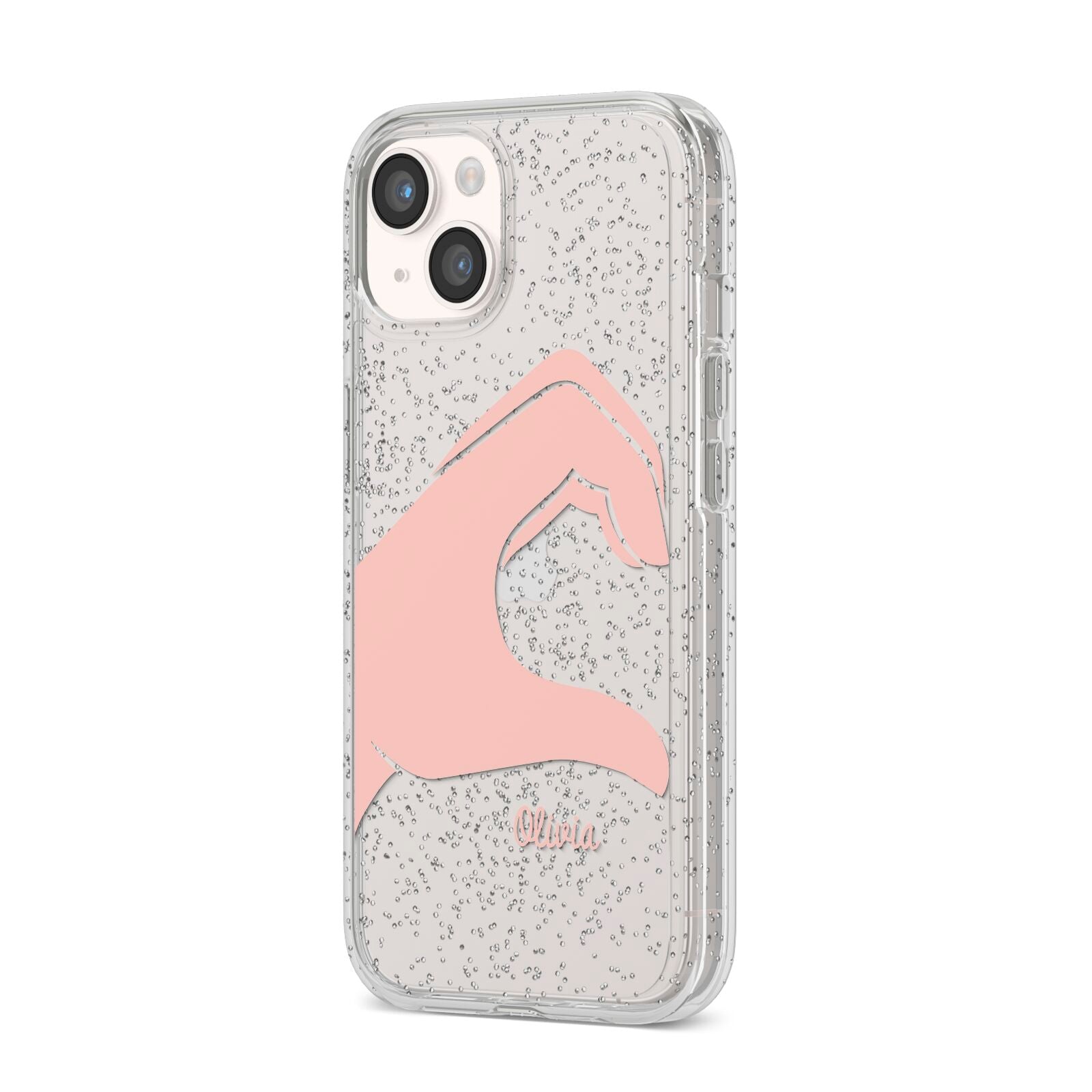 Left Hand in Half Heart with Name iPhone 14 Glitter Tough Case Starlight Angled Image
