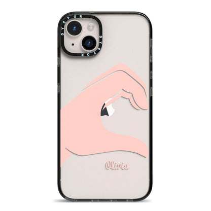 Left Hand in Half Heart with Name iPhone 14 Plus Black Impact Case on Silver phone