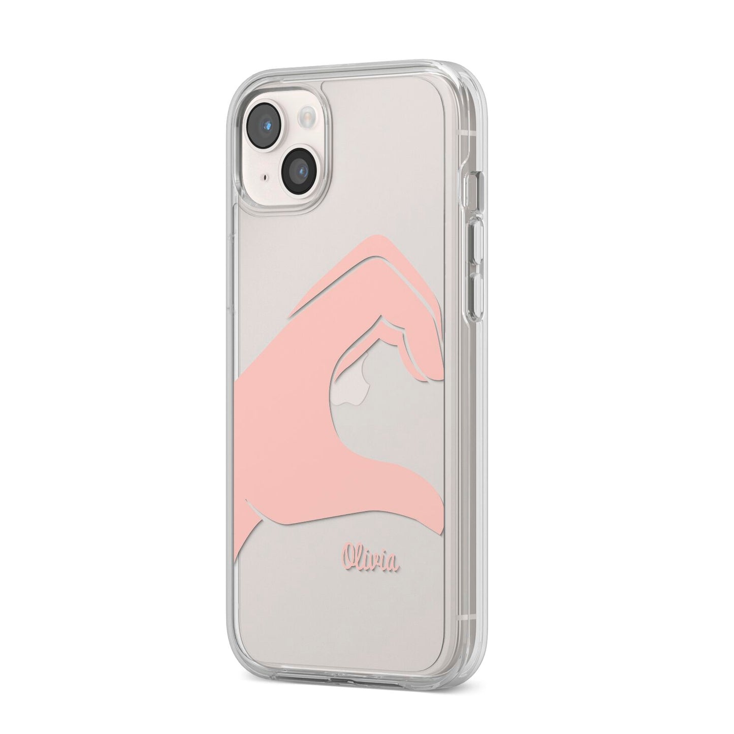 Left Hand in Half Heart with Name iPhone 14 Plus Clear Tough Case Starlight Angled Image