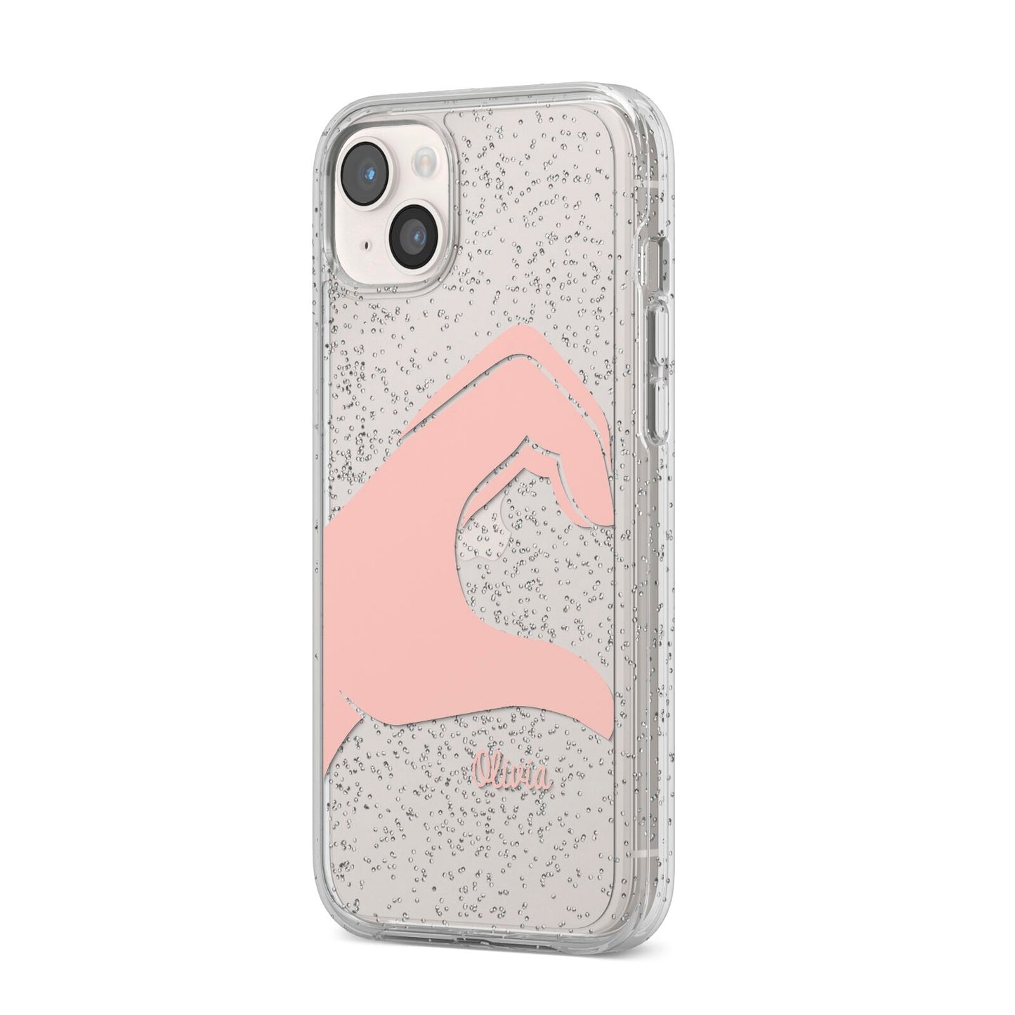 Left Hand in Half Heart with Name iPhone 14 Plus Glitter Tough Case Starlight Angled Image