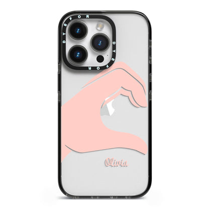 Left Hand in Half Heart with Name iPhone 14 Pro Black Impact Case on Silver phone