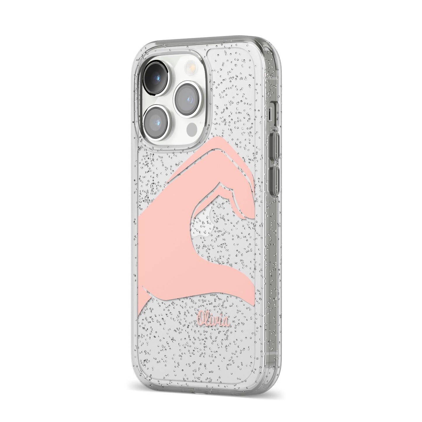 Left Hand in Half Heart with Name iPhone 14 Pro Glitter Tough Case Silver Angled Image
