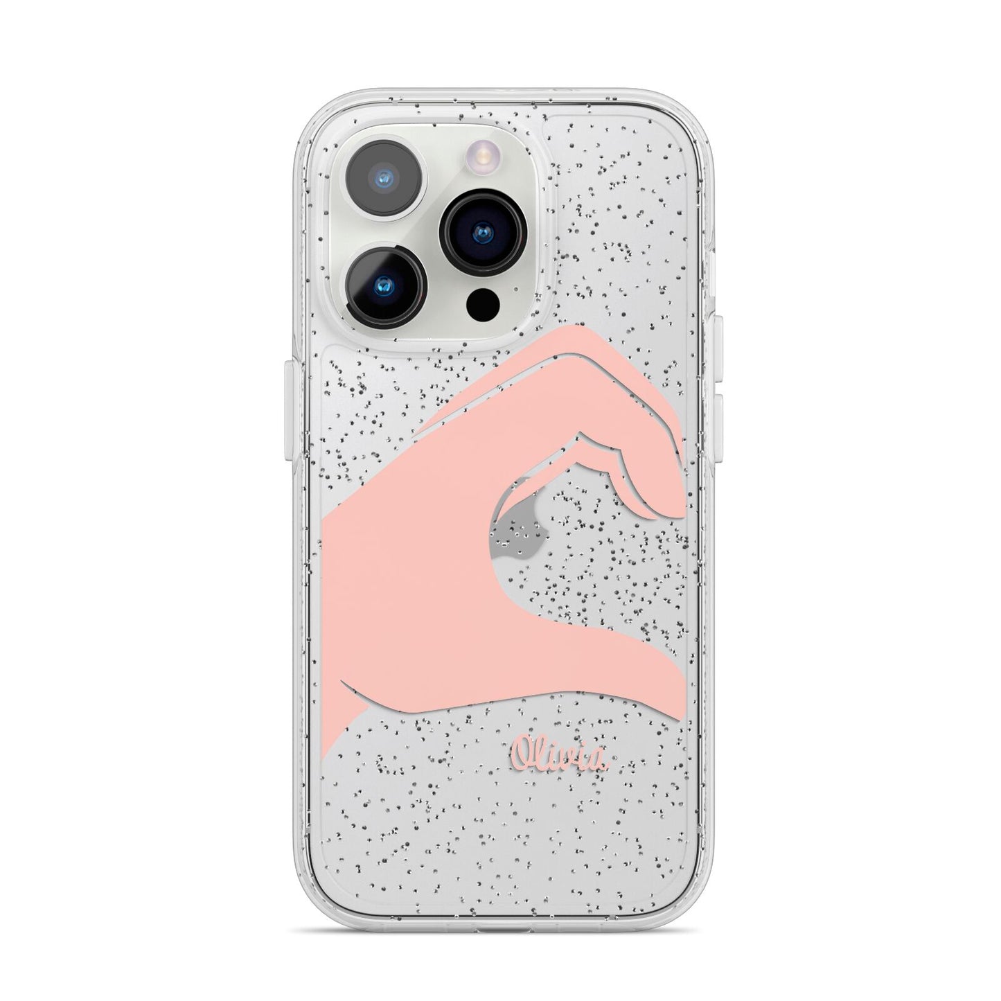 Left Hand in Half Heart with Name iPhone 14 Pro Glitter Tough Case Silver