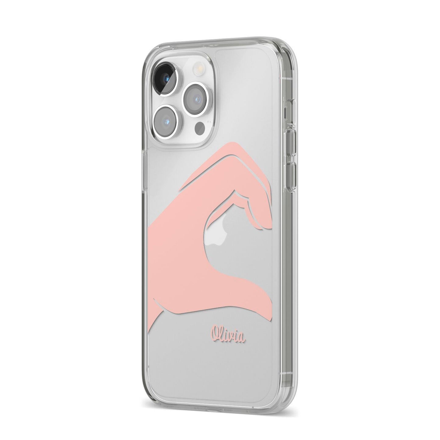 Left Hand in Half Heart with Name iPhone 14 Pro Max Clear Tough Case Silver Angled Image