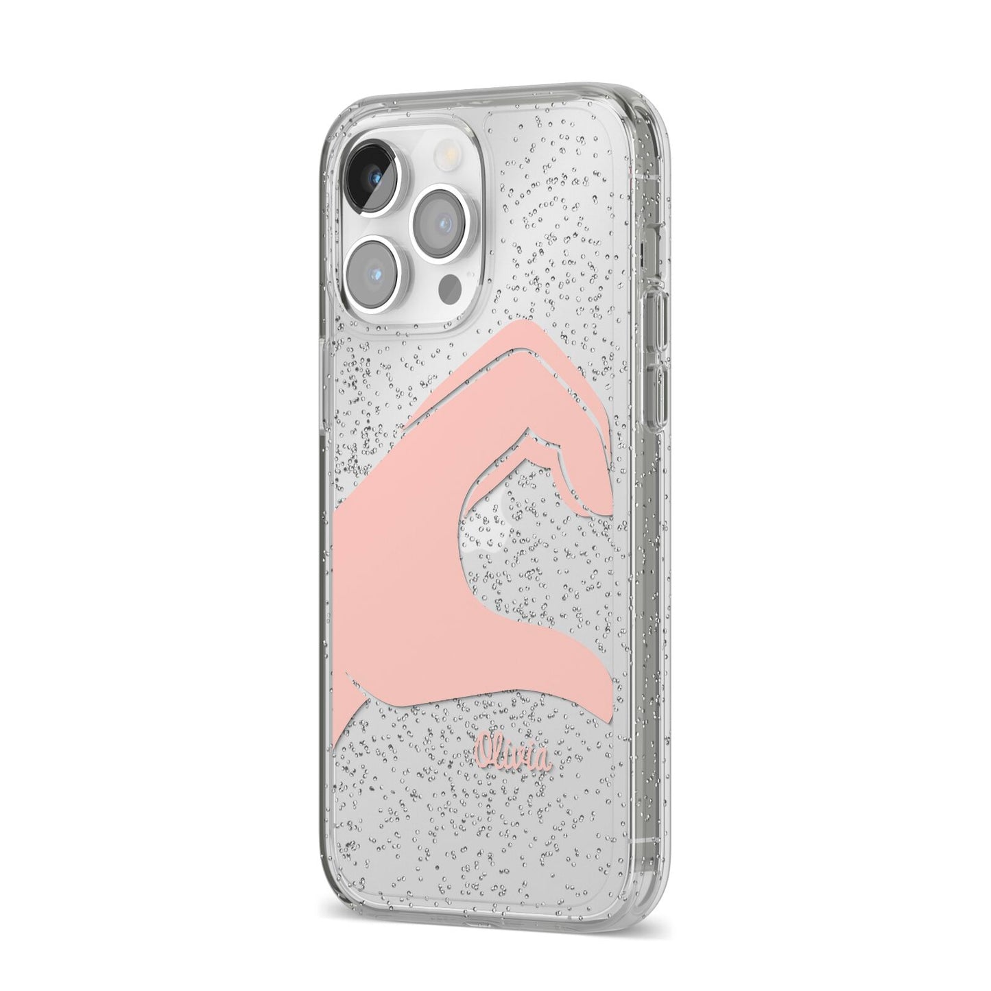 Left Hand in Half Heart with Name iPhone 14 Pro Max Glitter Tough Case Silver Angled Image