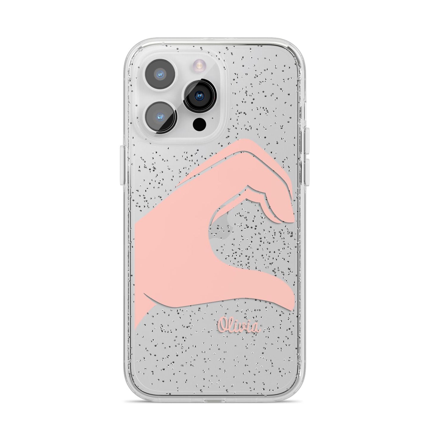 Left Hand in Half Heart with Name iPhone 14 Pro Max Glitter Tough Case Silver