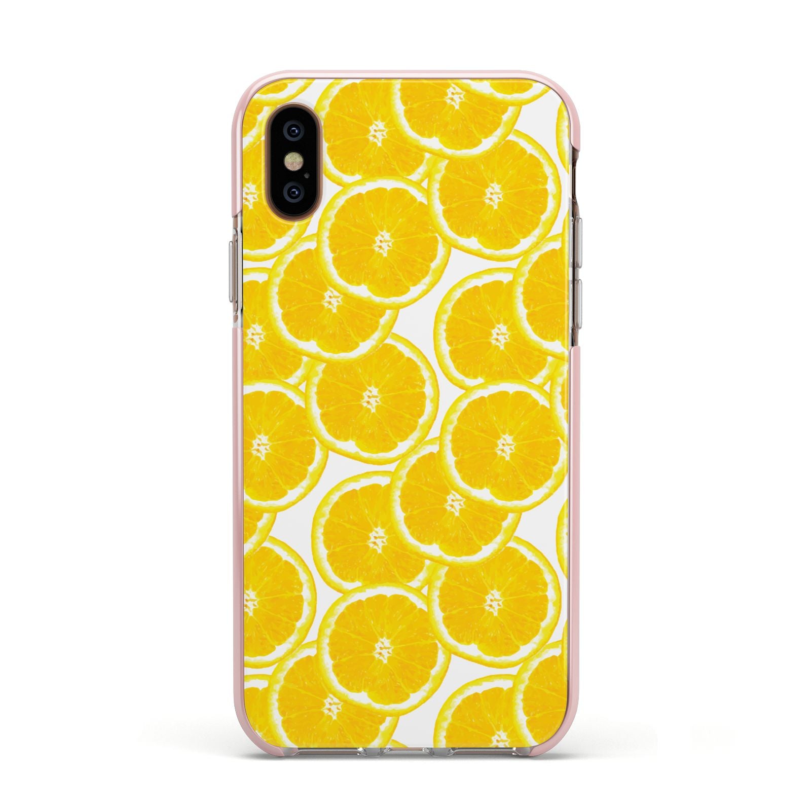 Lemon Fruit Slices Apple iPhone Xs Impact Case Pink Edge on Gold Phone